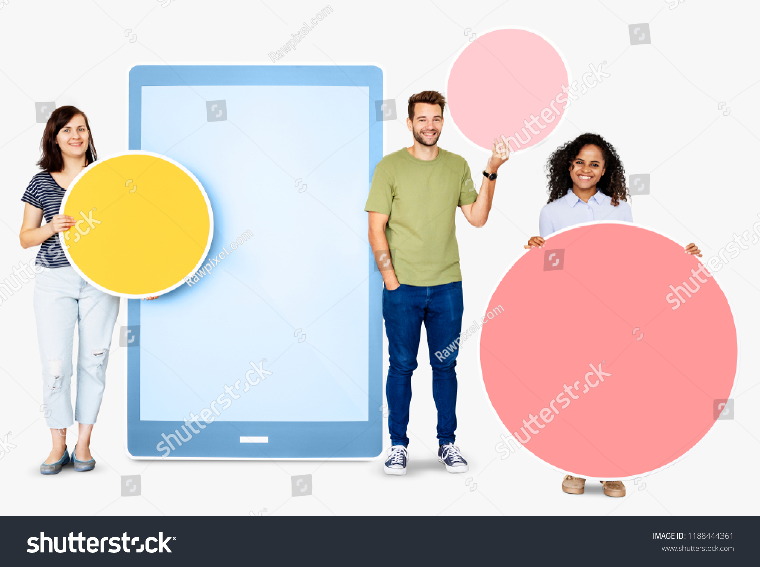 People holding geometric icons in front of a  paper cutout of a tablet #1188444361