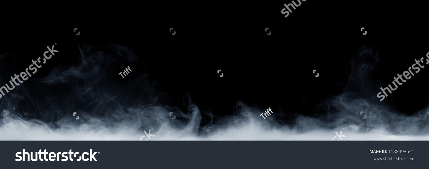 Panoramic view of the abstract fog or smoke move on black background. White cloudiness, mist or smog background.  #1188498541