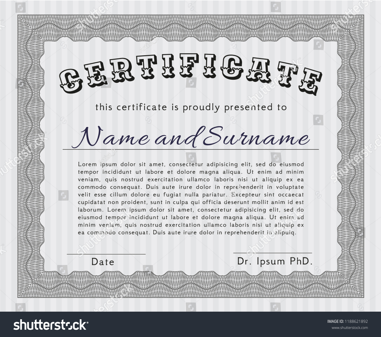 Grey Certificate. With Background. Customizable, - Royalty Free Stock 