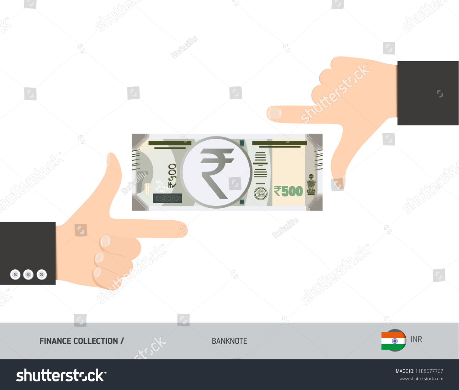 500 Indian Rupee Banknote. Business hands measuring banknote. Flat style vector illustration. Business finance concept. #1188677767