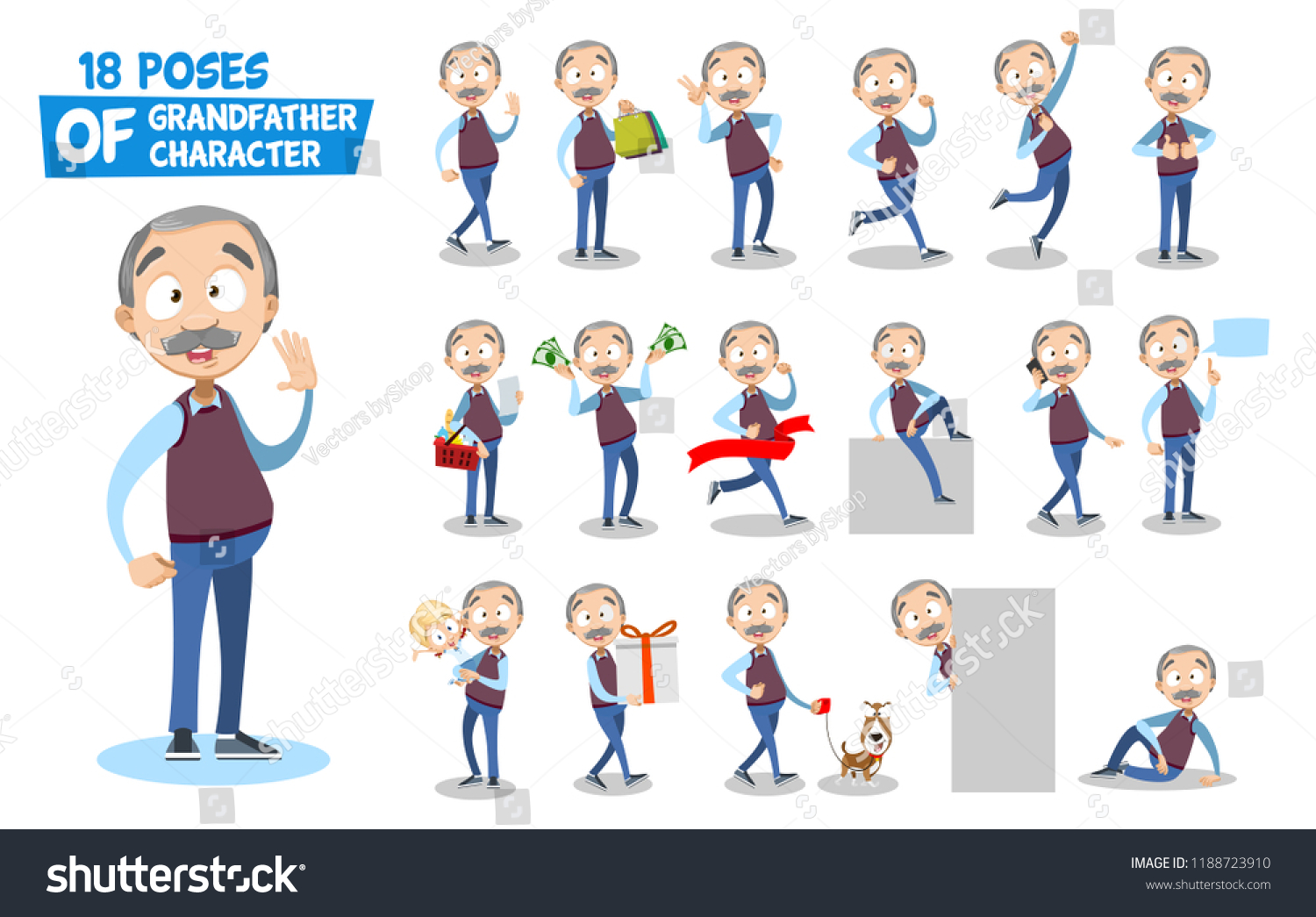 Grandpa character big animated set. Elderly man talking on mobile phone and shopping with basket. Holding grandchild and walking with dog. Grandfather various poses and gestures vector illustration #1188723910
