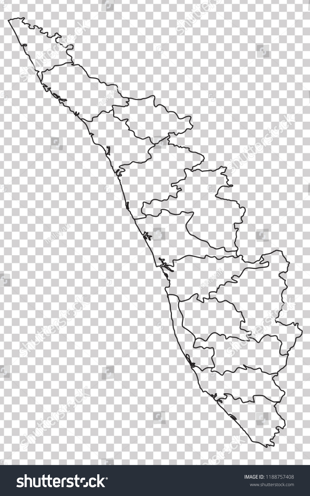 Black outline of Kerala map with all 14 Royalty Free Stock Vector