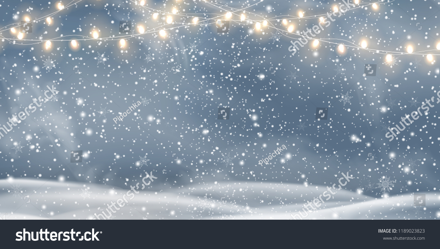 Snowy night with light garlands, falling snow, snowflakes,  snowdrift for winter and new year holidays. Holiday winter landscape. Christmas vector background. #1189023823