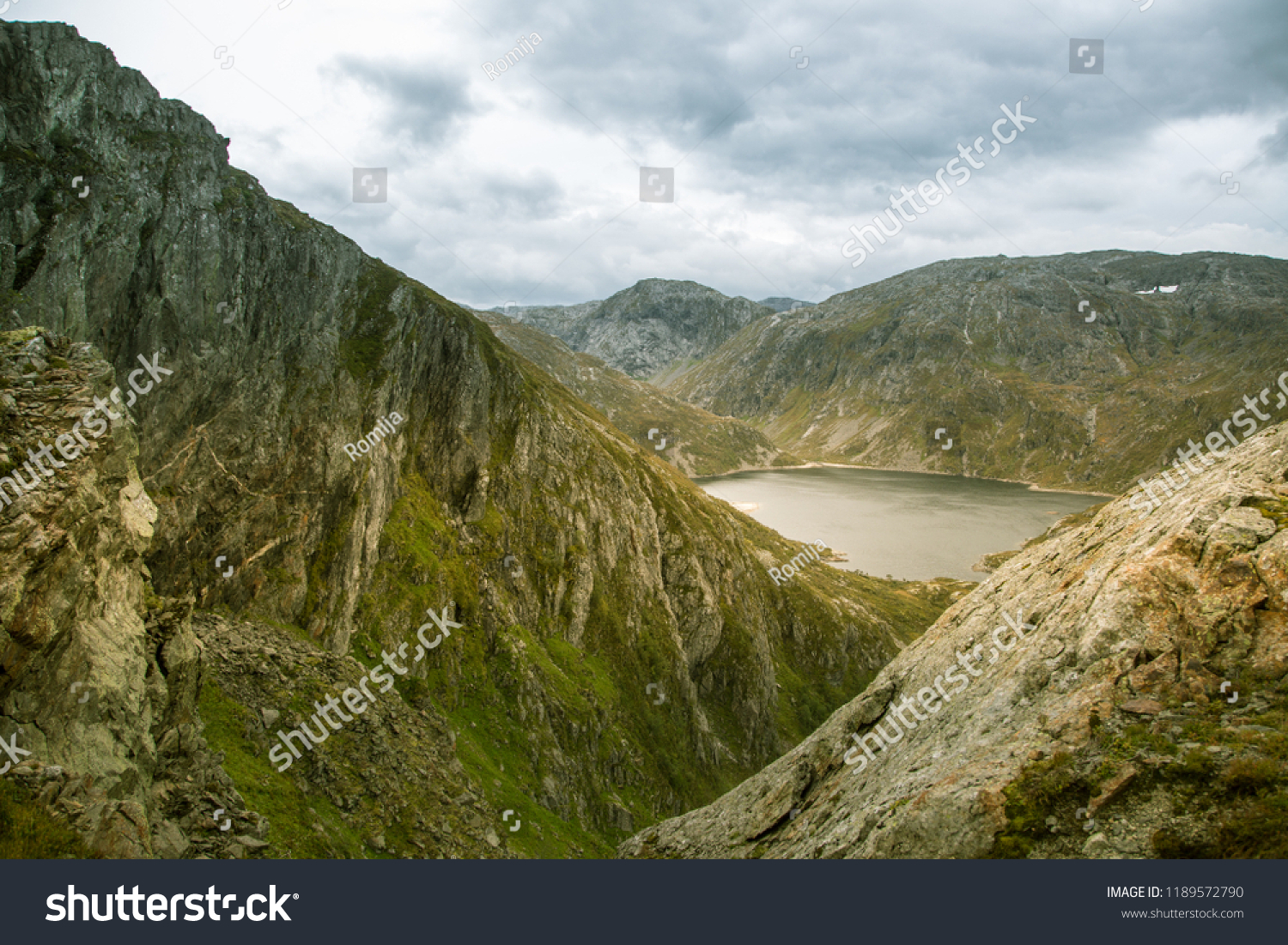 A beautiful landscape of a mountain lake in Folgefonna National Park in Norway. Overcast autumn day in mountains. Autumn scenery of lake. #1189572790