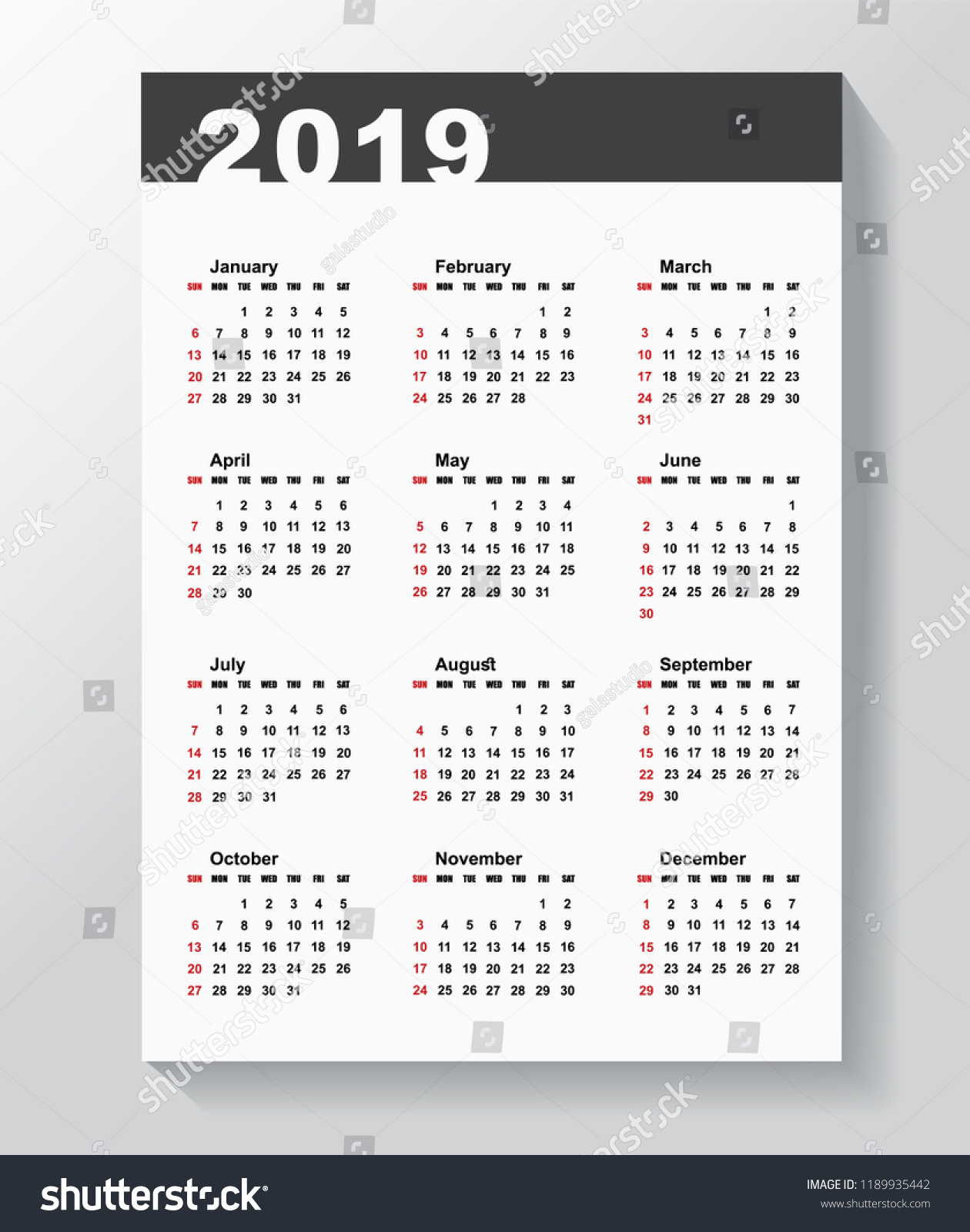 Calendar Template for 2019 year. Week starts - Royalty Free Stock ...