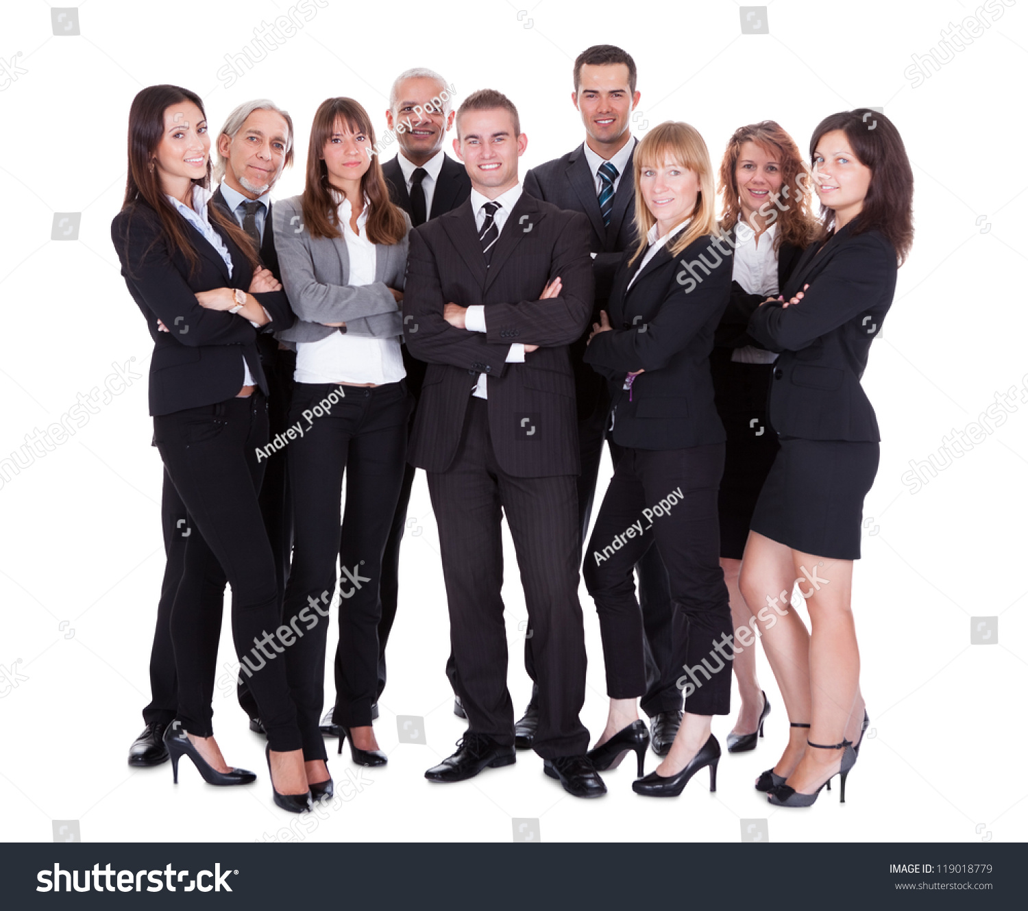 Lineup of diverse professional business executives or partners standing relaxed in a row isolated on white #119018779