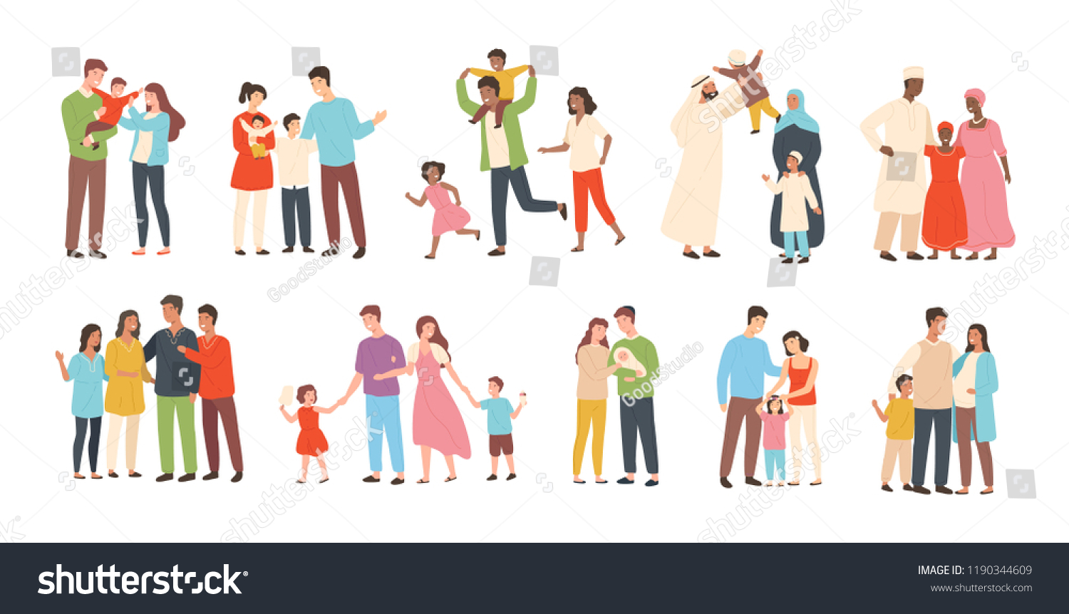 Set of happy traditional heterosexual families with children. Smiling mother, father and kids. Cute cartoon characters isolated on white background. Colorful vector illustration in flat style. #1190344609