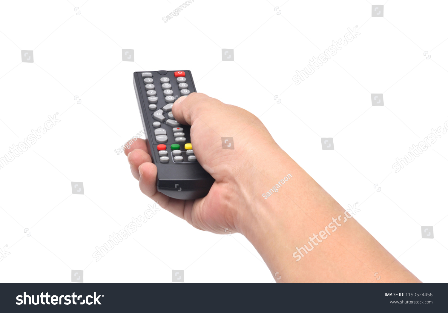 Hand holding television and audio remote control isolate on white background with clipping path #1190524456