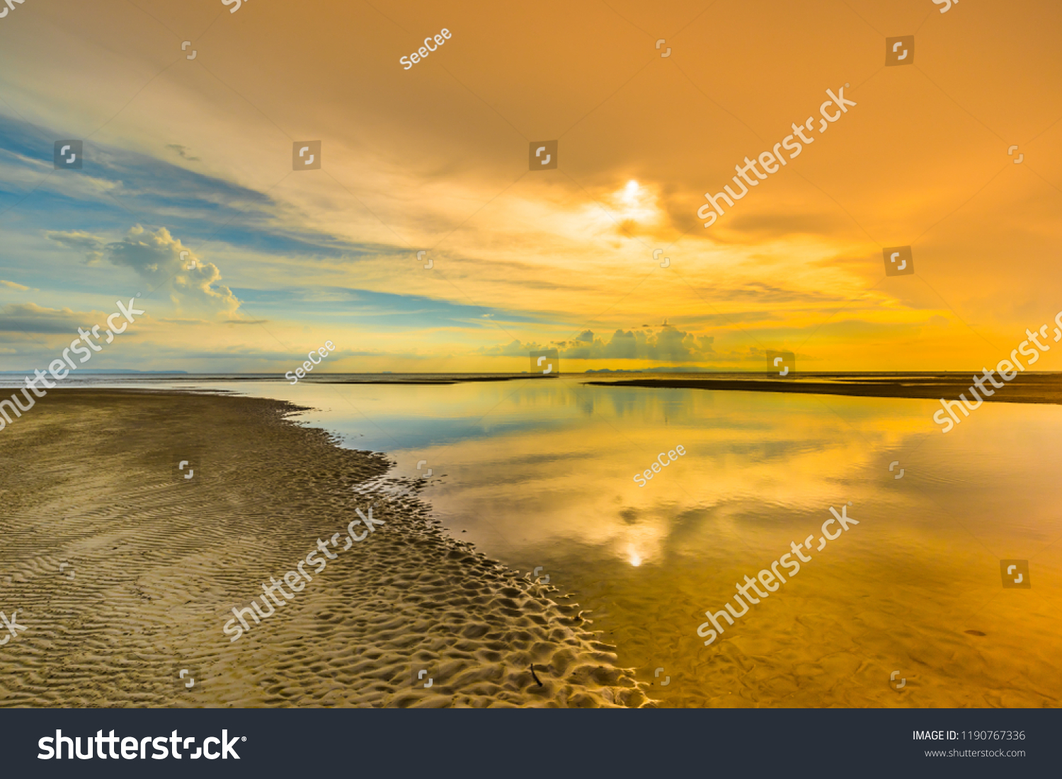 Sunset over the sea with orange sky background #1190767336