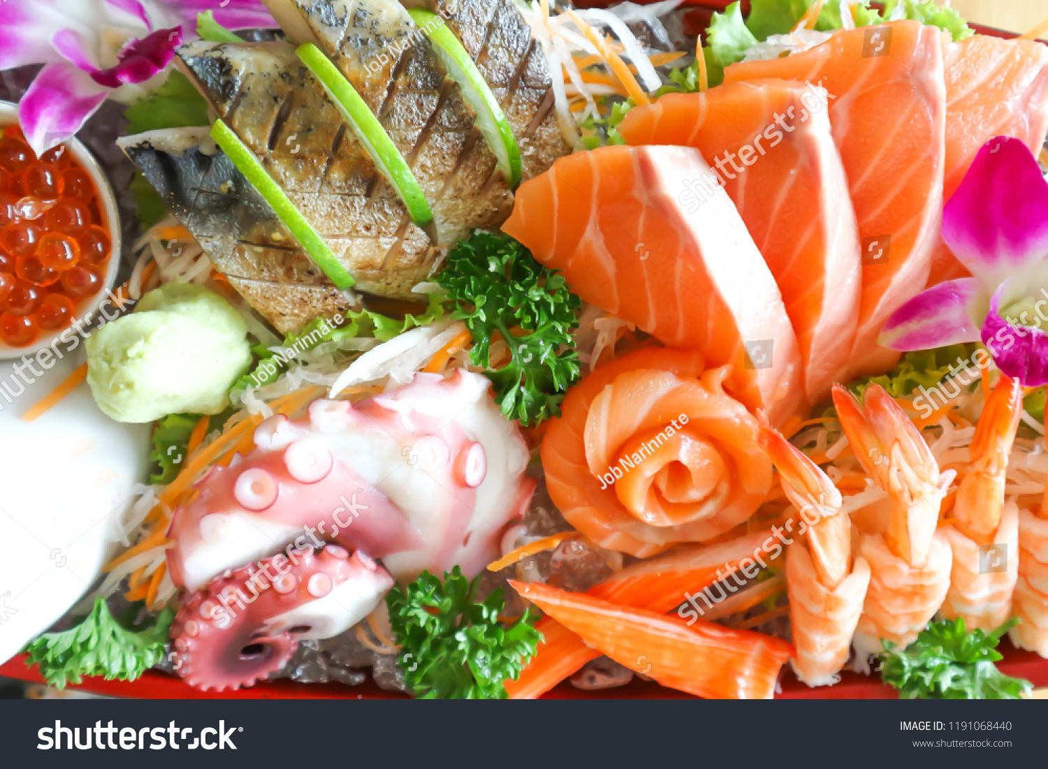raw fish or raw salmon and raw tuna ,Japanese food #1191068440