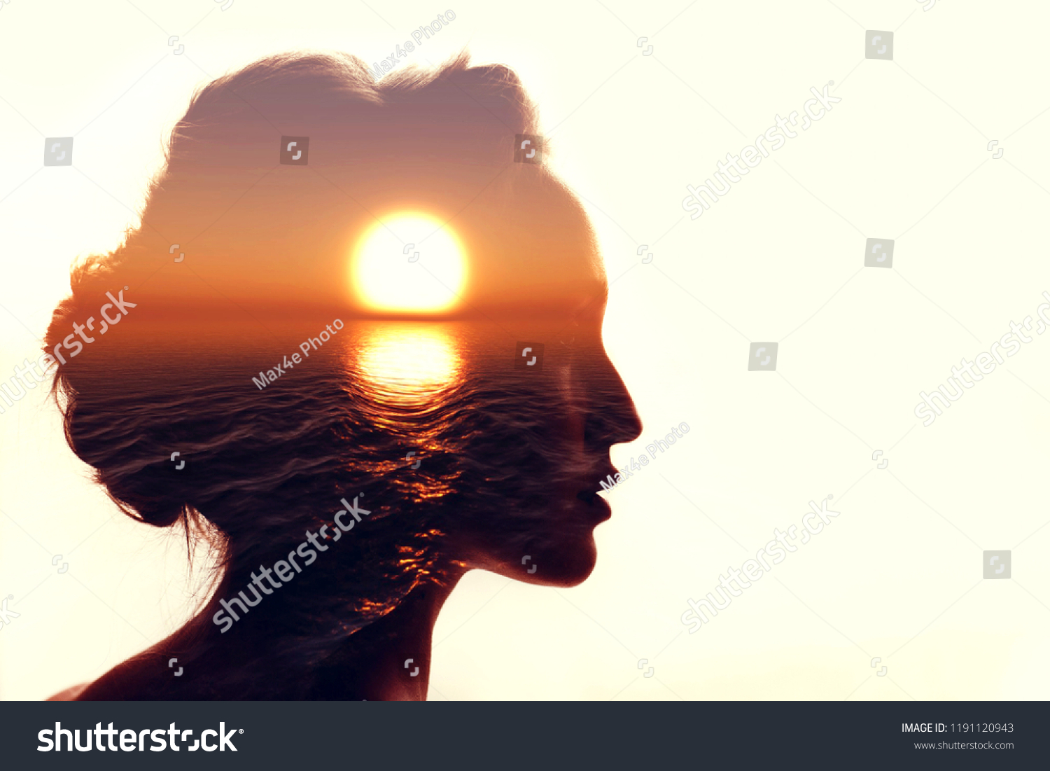 Psychology concept. Sunrise and woman silhouette. #1191120943