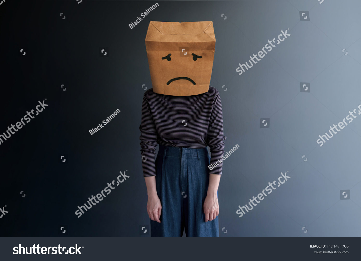 Customer Experience or Human Emotional Concept. Woman Covered her Face by Paper Bag and present Sad Feeling by Drawn Line Cartoon and Body Language #1191471706