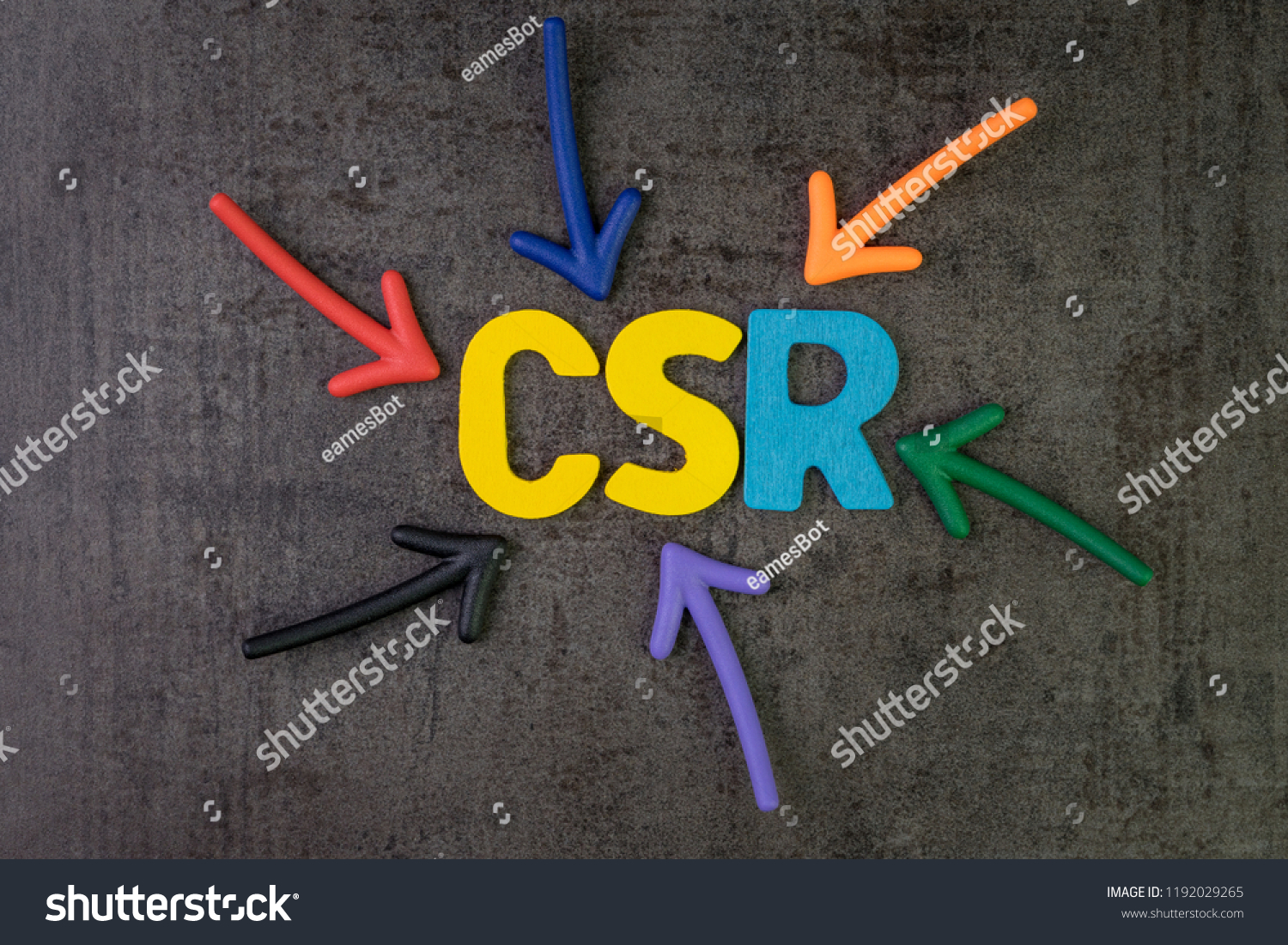 CSR, Corporate social responsibility concept, multi color arrows pointing to the abbreviation CSR at the center of black cement chalkboard wall, the activity to return profit back to people. #1192029265