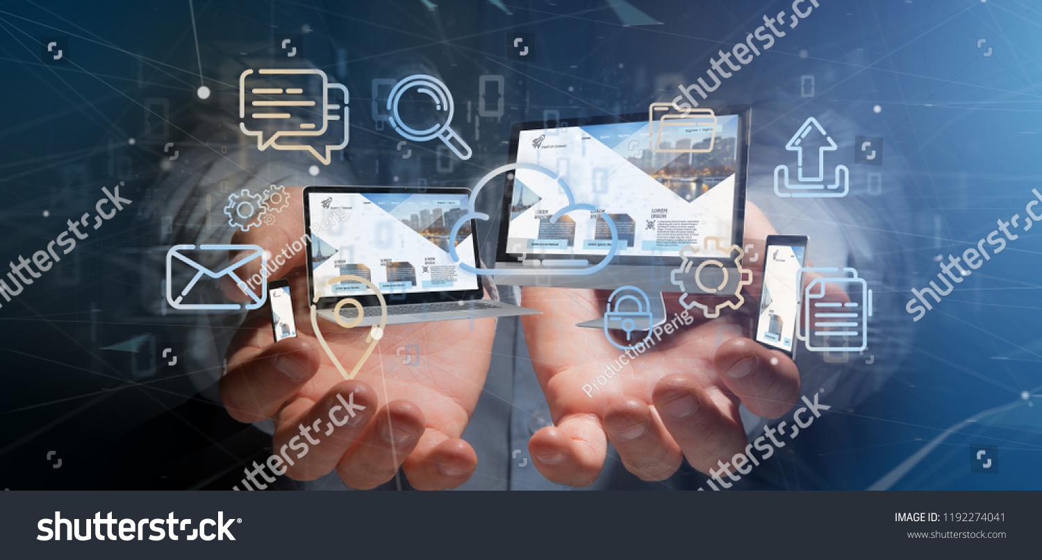 View of a Businessman holding a Devices connected to a cloud multimedia network 3d rendering #1192274041