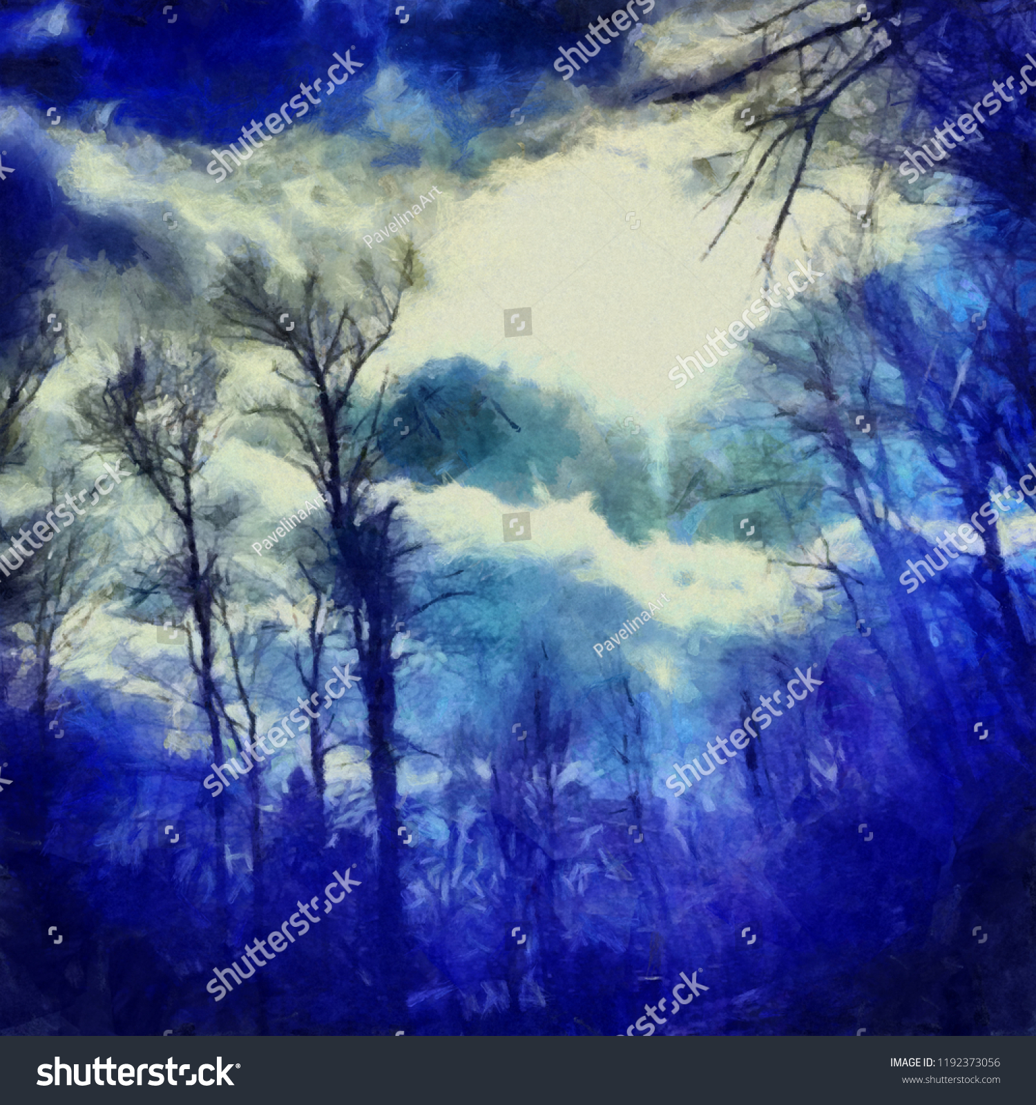 Oil painting. Art print for wall decor. Acrylic artwork. Big size poster. Watercolor drawing. Modern style fine art. Beautiful charming forest landscape. Trees without leaves. Dark blue sky. #1192373056