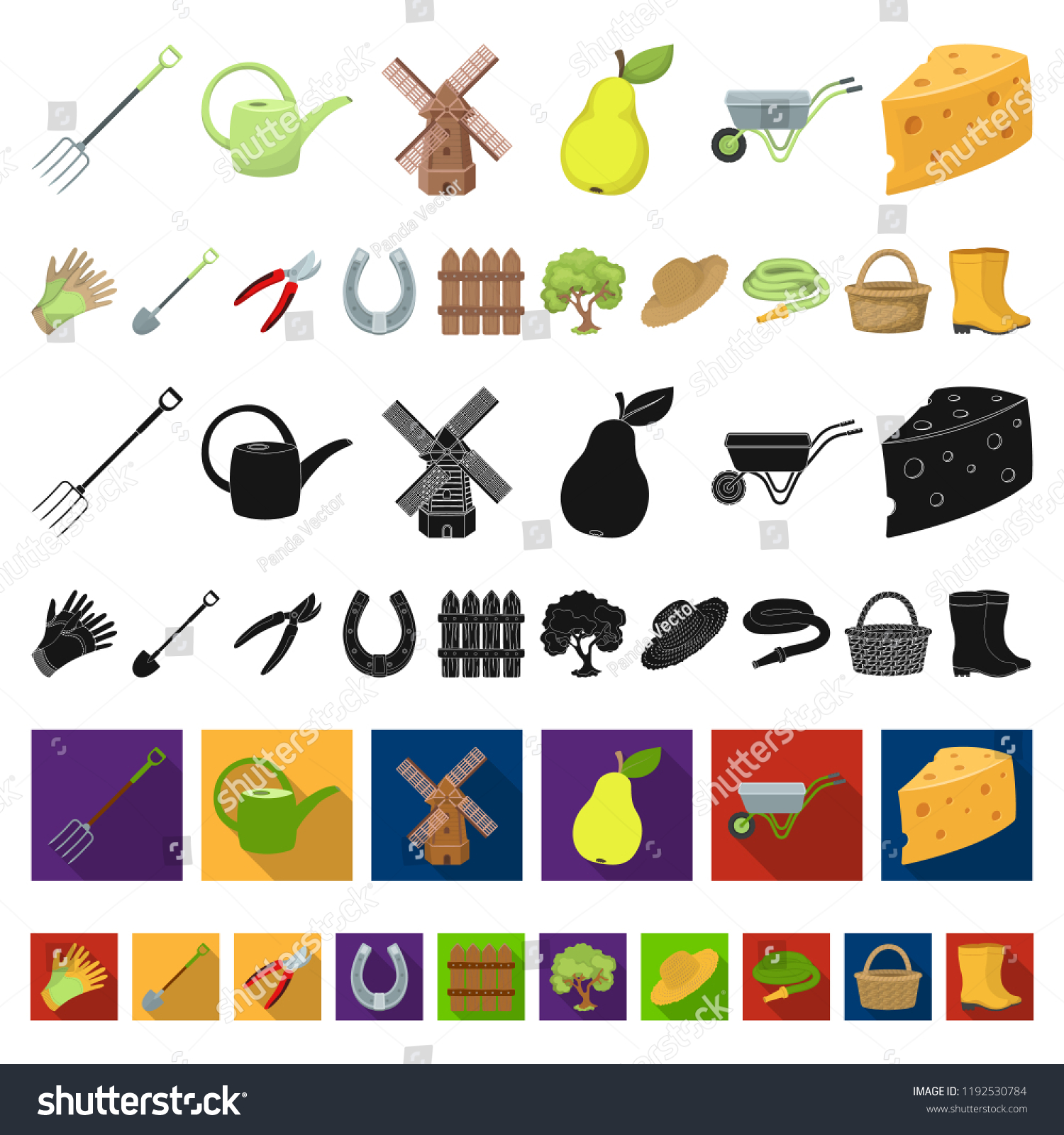 Farm and gardening cartoon icons in set collection for design. Farm and equipment vector symbol stock web illustration. #1192530784