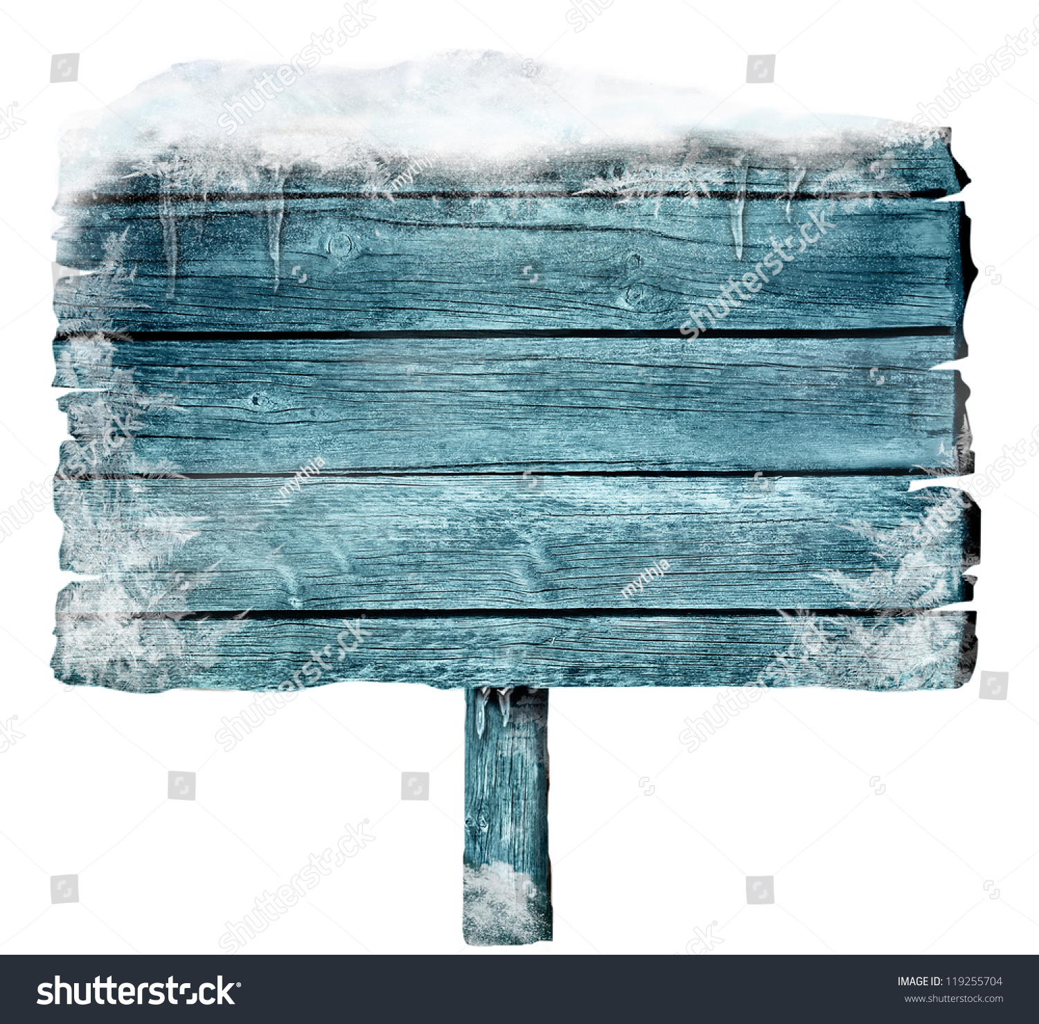 Wooden sign in winter with copyspace. Frozen wood sign with snow, ice and crystals. Space for your text. #119255704
