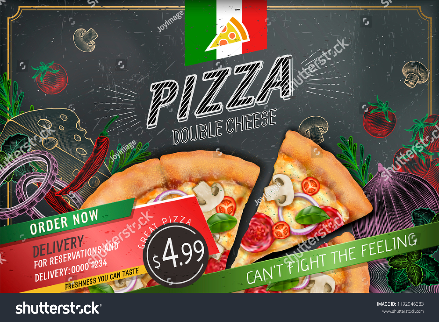 Savoury pizza ads with 3d illustration rich toppings dough on engraved style chalk doodle background #1192946383