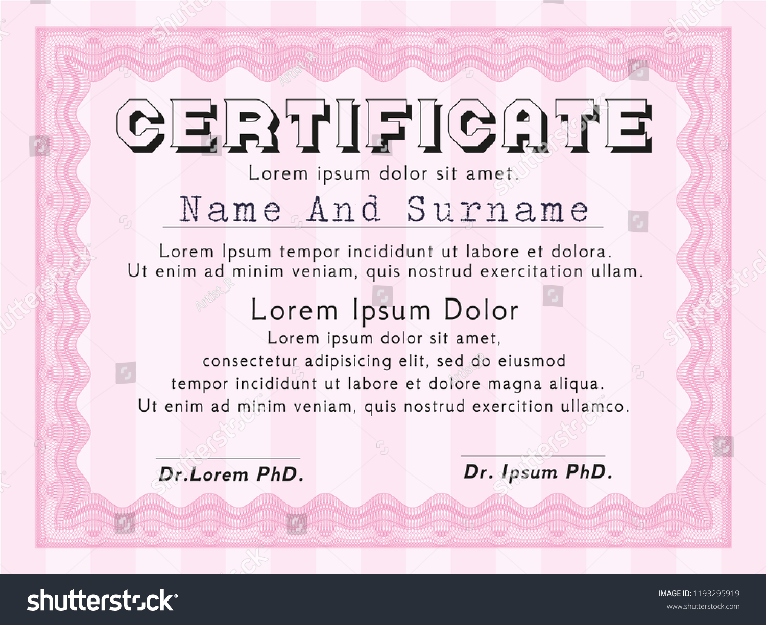 Pink Diploma or certificate template. With complex linear background. Vector illustration. Modern design.  #1193295919