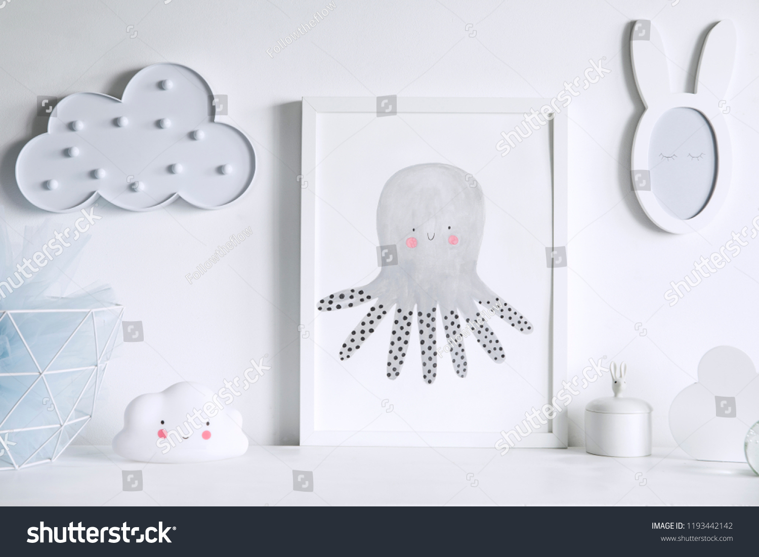 Stylish and cozy childroom with white clouds and little rabbit mirror. Bright and sunny child interior. #1193442142
