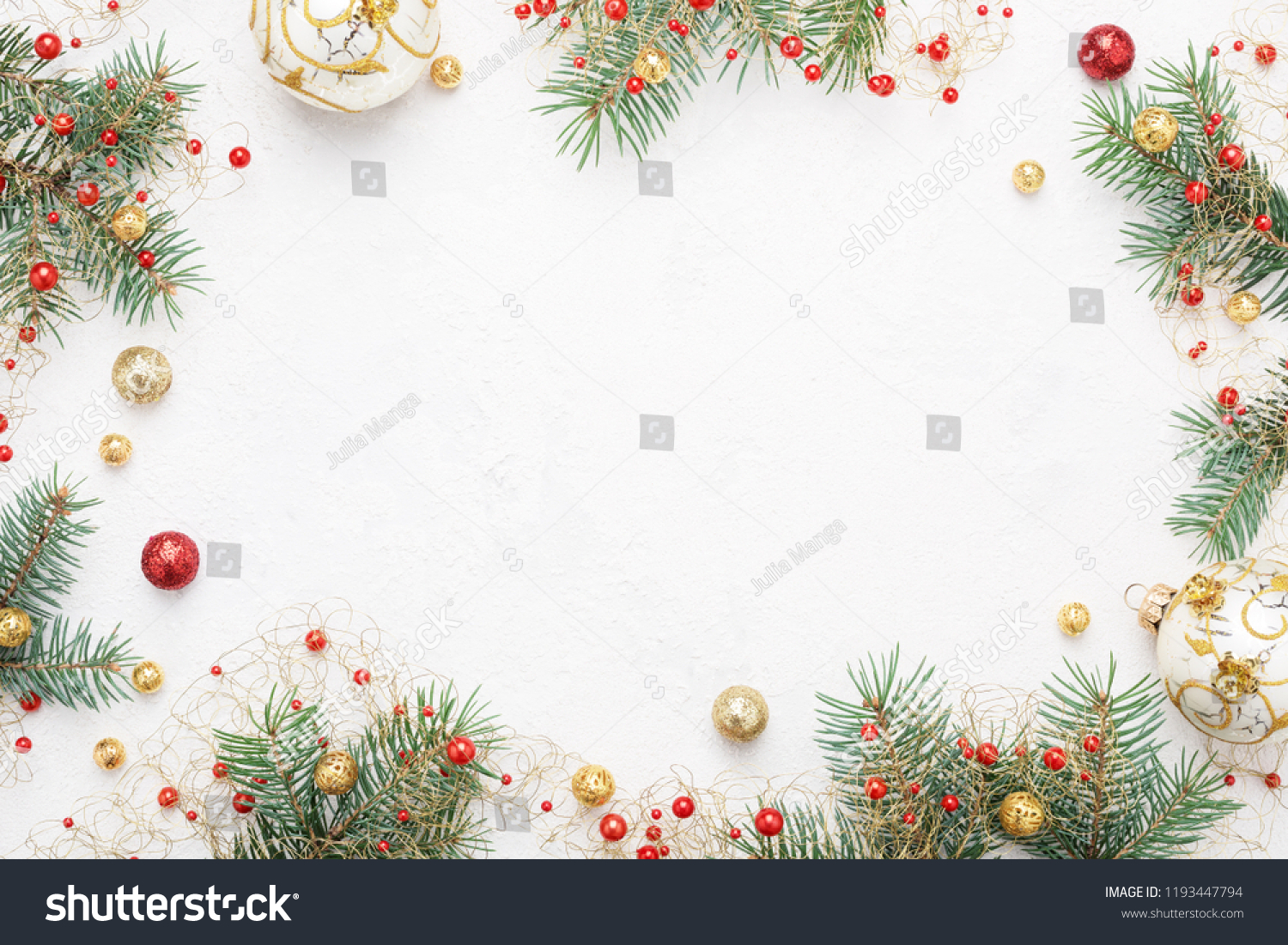Bright Christmas frame of spruce, red & gold christmas decorations on white background. Copy space. Winter holidays, New Year. #1193447794
