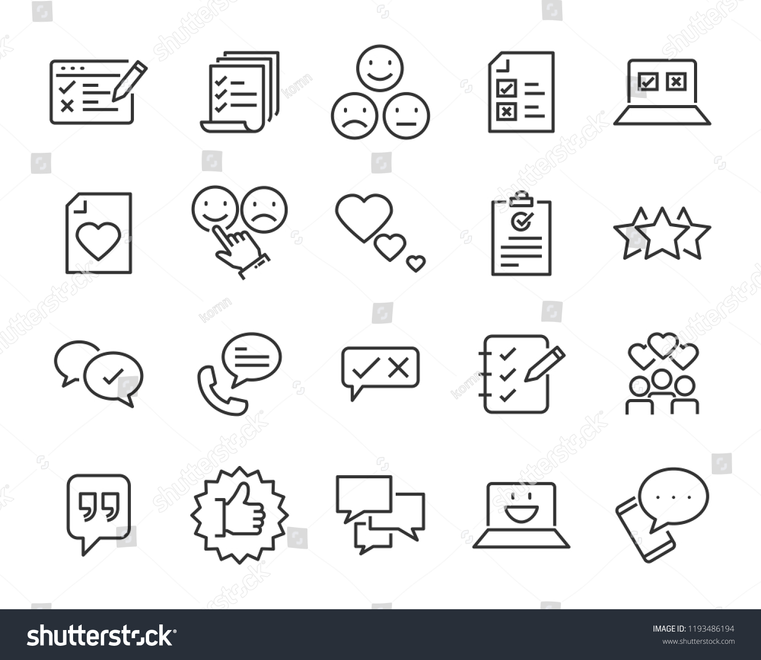 set of feedback line icons, such as, question, review, test, app #1193486194