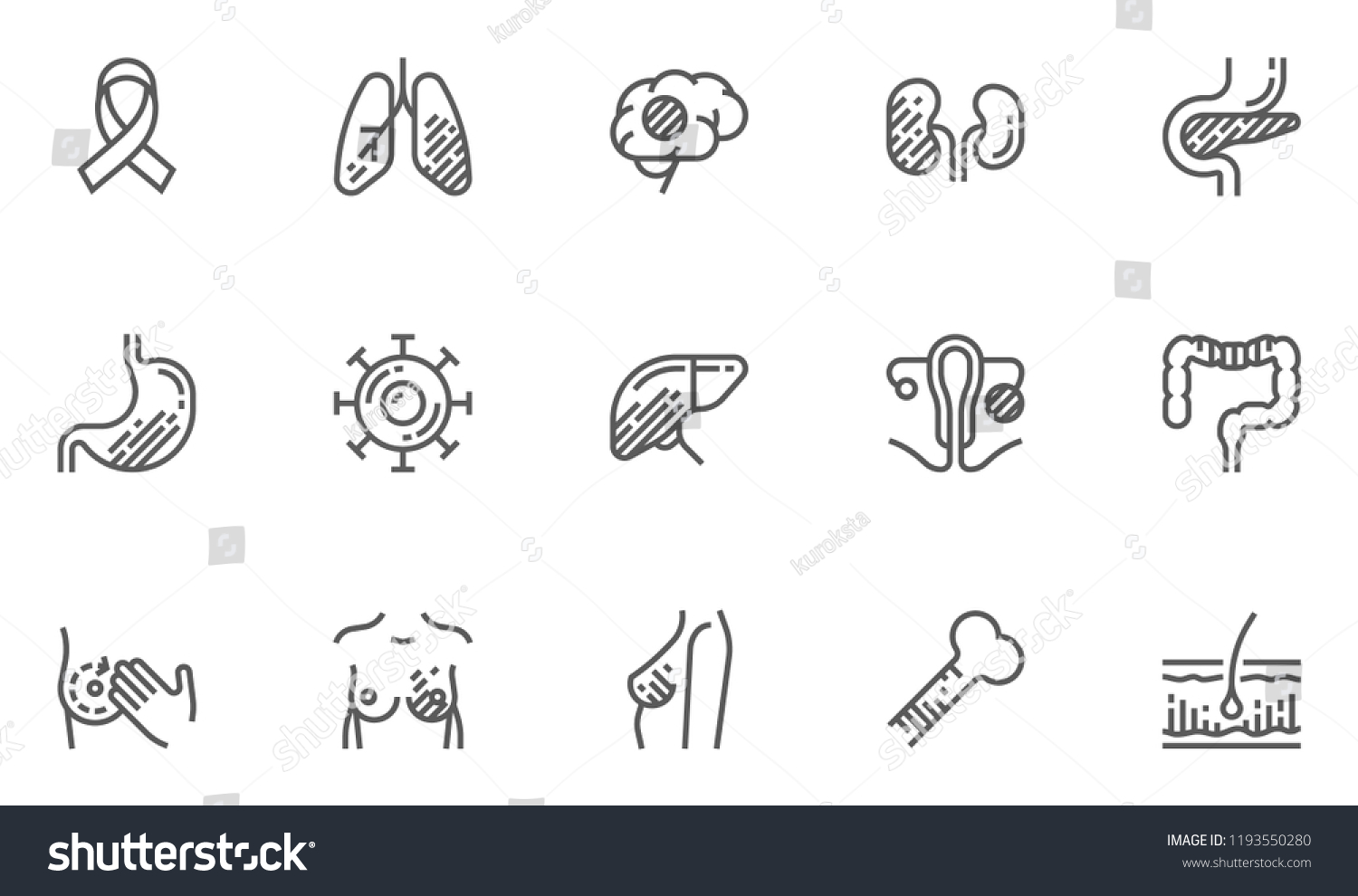 Cancer, Malignant Tumor. Vector Line Icons Set. Oncology, Mammary Gland Cancer, Brain Tumor. Editable Stroke. 48x48 Pixel Perfect. #1193550280