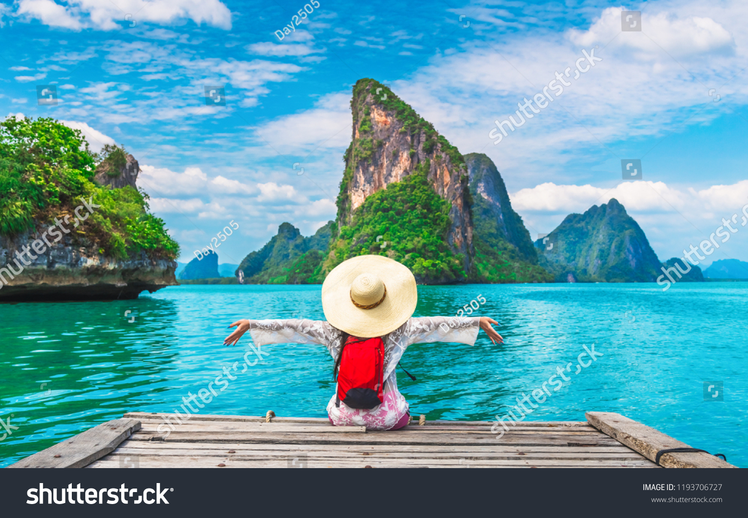 Traveler woman joy fun relaxing on wood bridge looking beautiful destination island, Phang-Nga bay, Travel adventure Thailand, Tourism natural scenic landscape Asia, Tourist on summer holiday vacation #1193706727