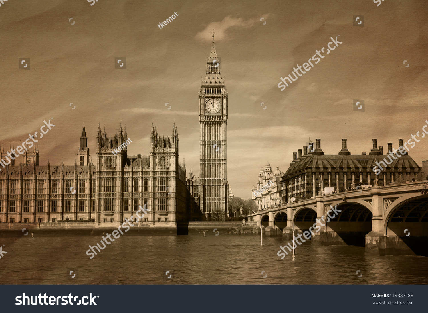 Vintage view of London,  Big Ben & Houses of Parliament #119387188