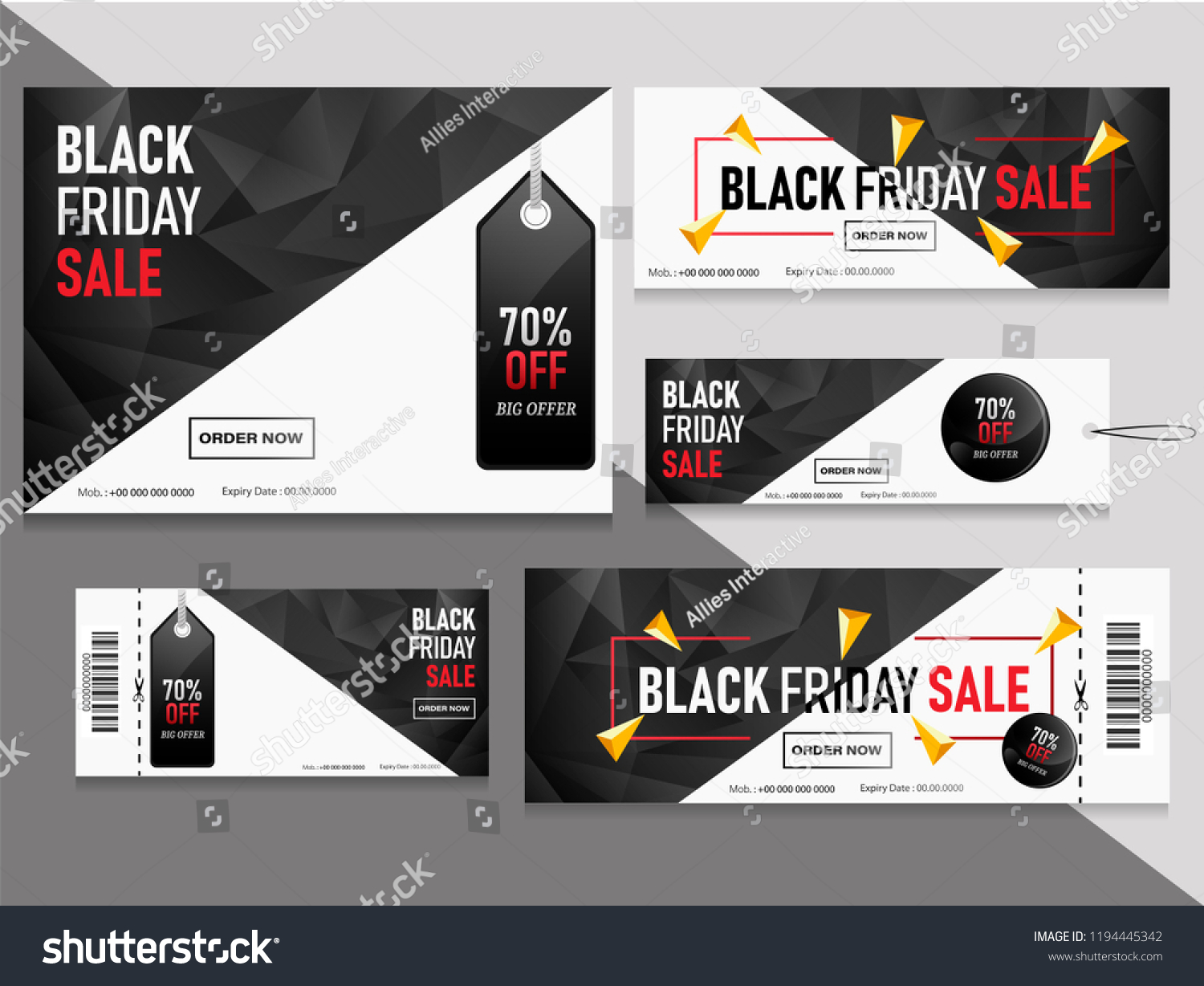 Black Friday sale coupons and vouchers set with 70% discount offer. #1194445342
