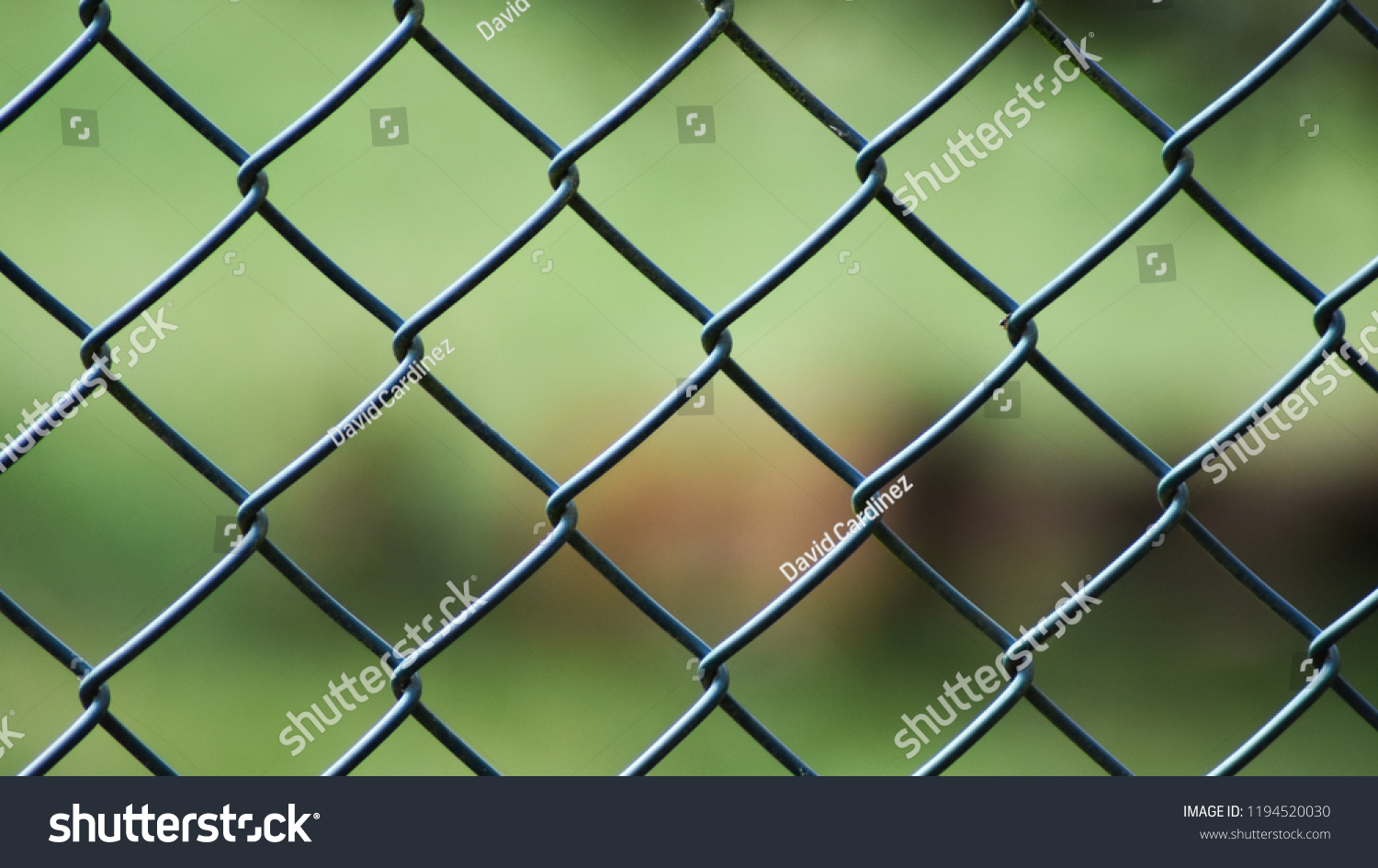 Close up of a green grey metal covered in plastic coating chain link fence gate outside with a green background. #1194520030