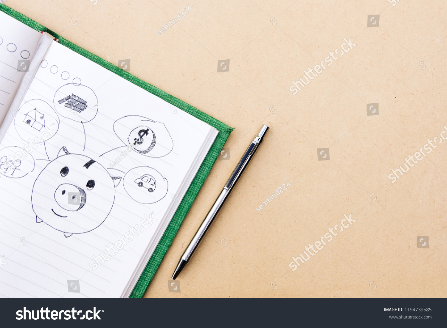 Drawn sketchy piggy bank and money related icons on lined notebook paper background. Save and investment money for prepare in the future - concept of saving money. #1194739585