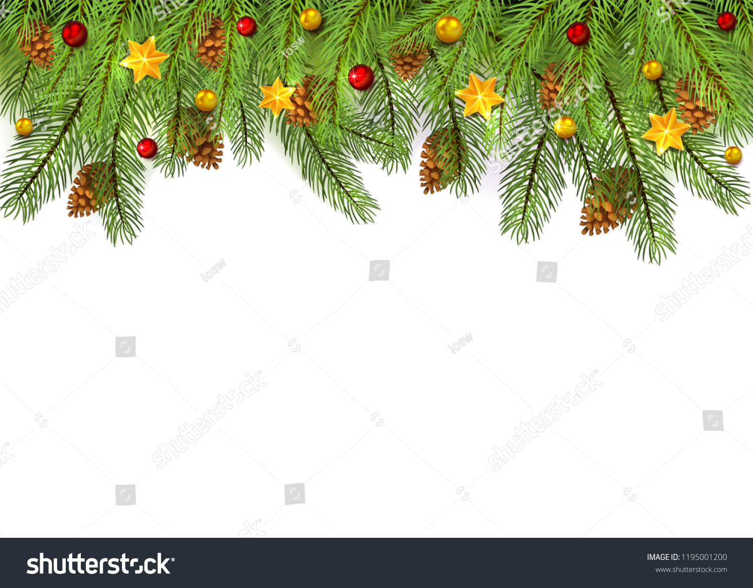 Christmas Decorations with stars and fir tree branches on white holiday background, illustration. #1195001200