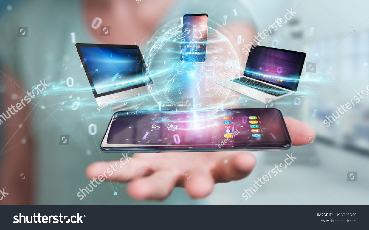 Modern devices connected to each other in businesswoman hand 3D rendering #1195529566
