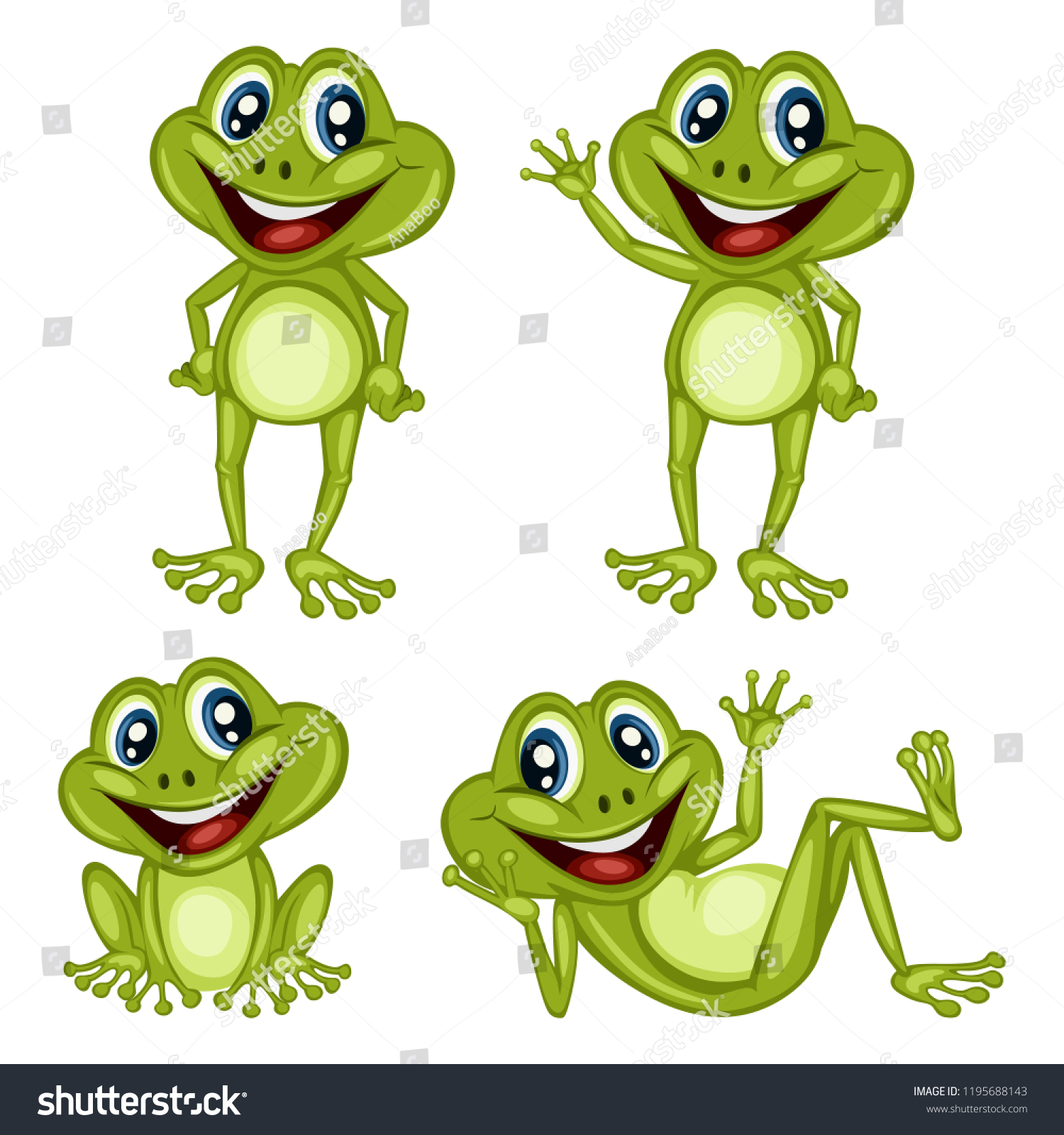 Vector Illustration of a Happy Frog Set. Cute Cartoon Frogs in Different Poses Isolated on a White Background. Happy Animals Set. Frog Laying, Cheering, Waving, Sitting #1195688143