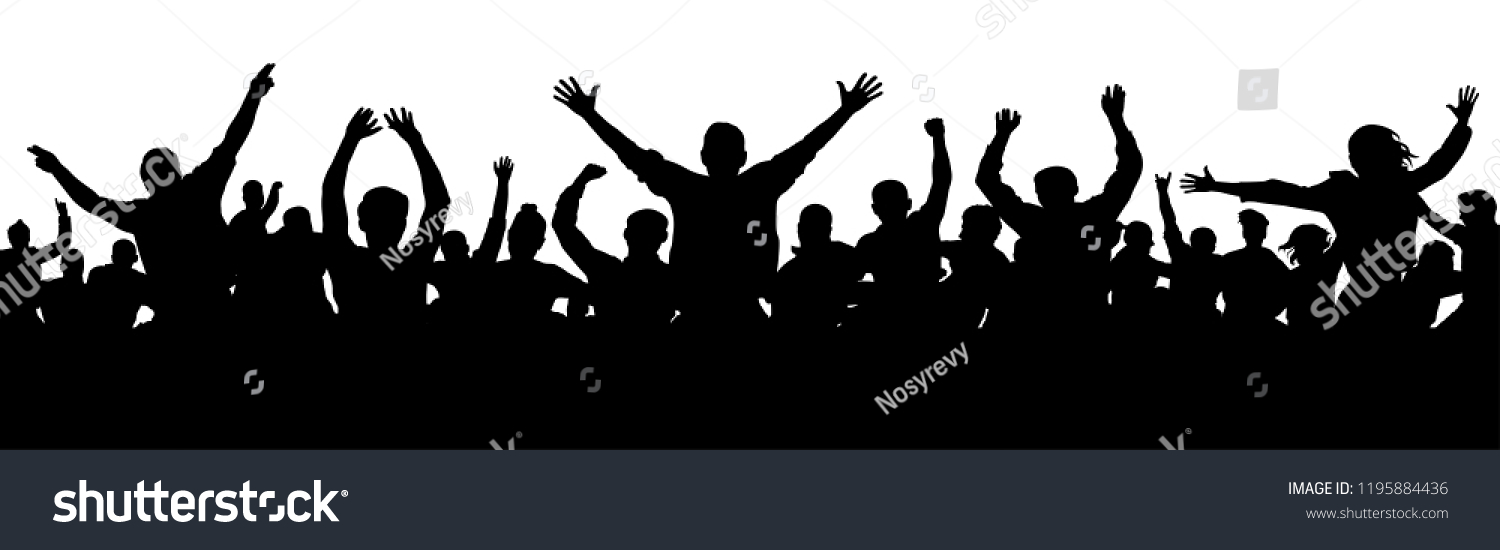 Cheerful people having fun celebrating. Crowd of fun people on party, holiday. Applause people hands up. Silhouette Vector Illustration #1195884436