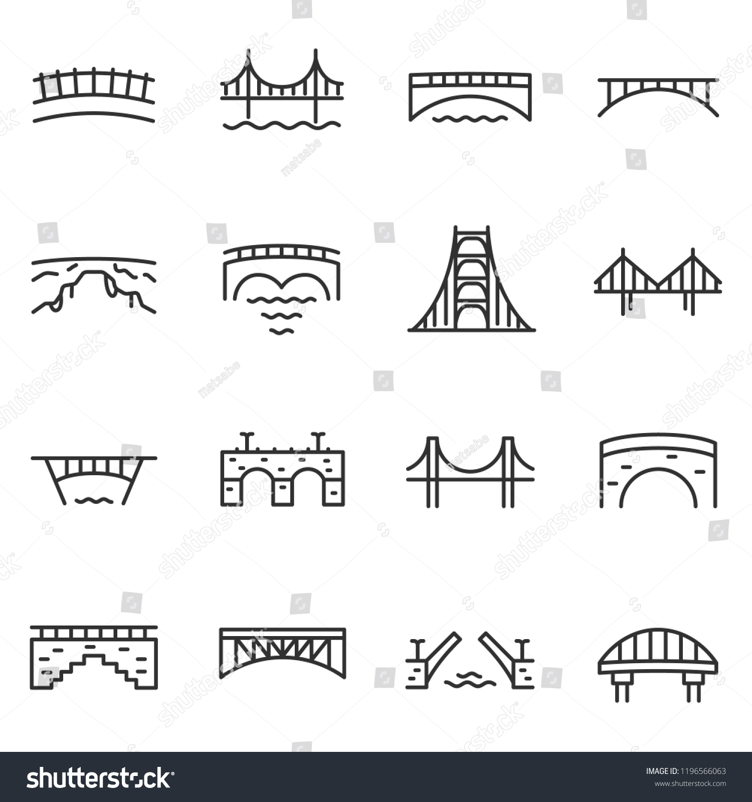 Bridge, icon set. Various bridges, linear icons. Line with editable stroke #1196566063