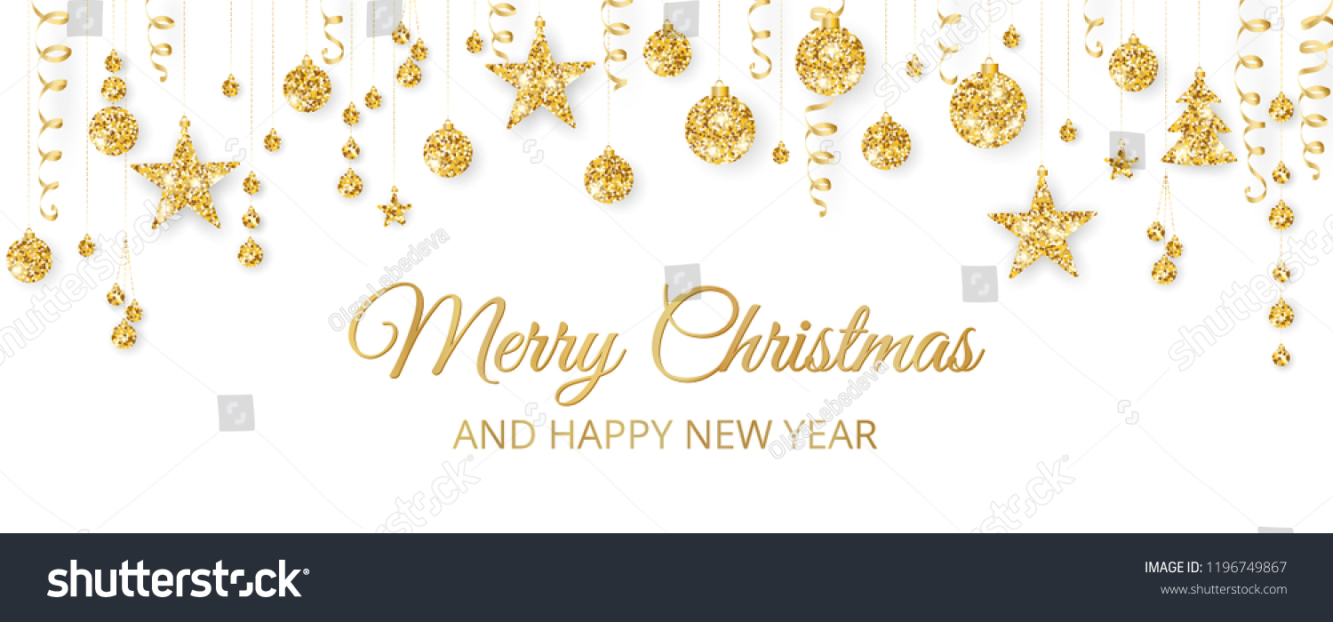 Christmas golden decoration on white background. Merry Christmas and Happy New Year text. Hanging glitter balls, trees, stars. Winter season sparkling ornaments on a string. For party posters, banners #1196749867