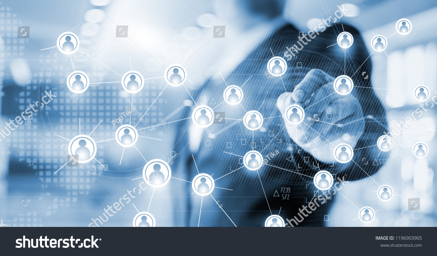 Businessman drawing global structure networking and data exchanges customer connection on office background, blue tone. #1196903905