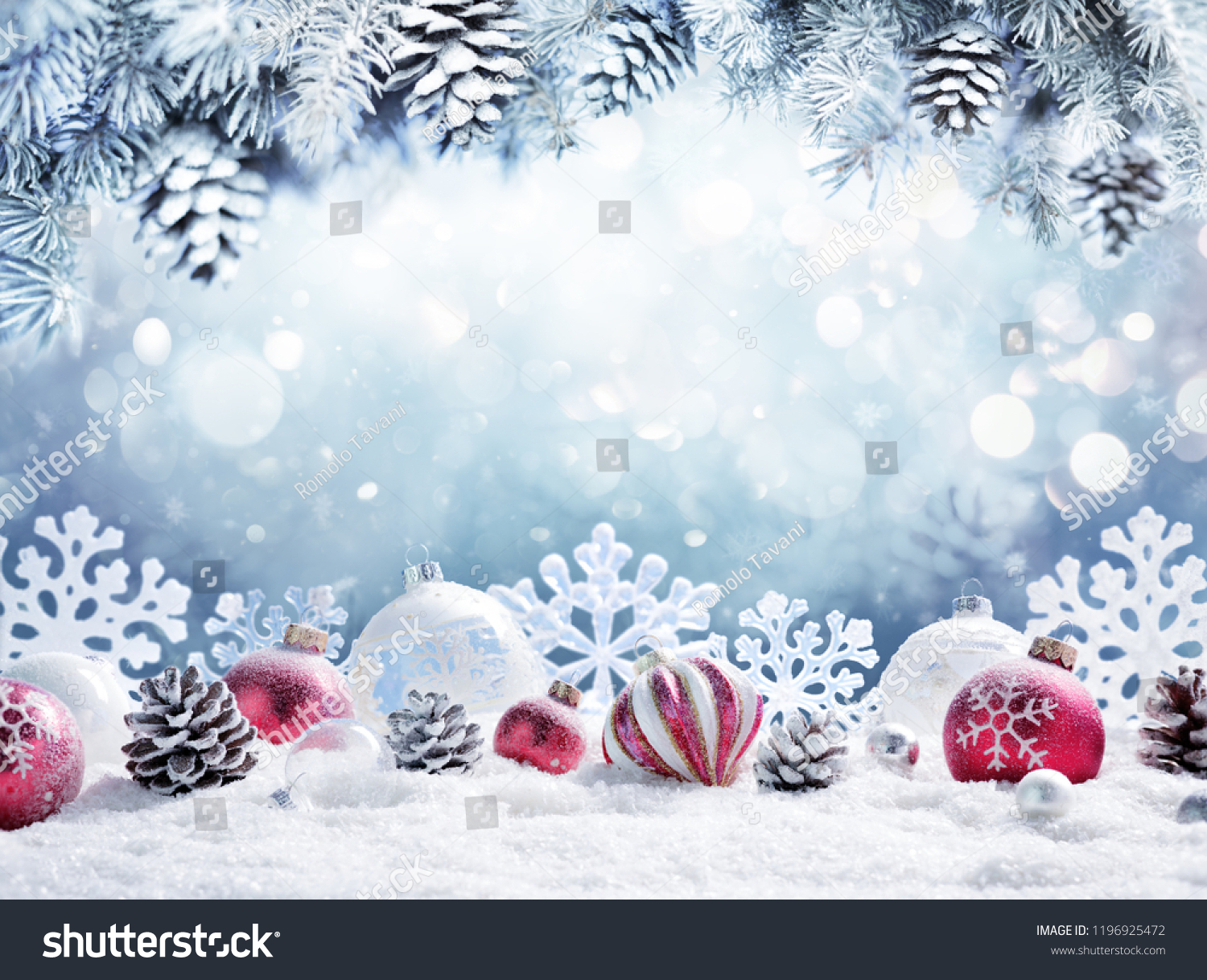 Christmas Card - Baubles On- Snow With Snowy Fir Branches
 #1196925472