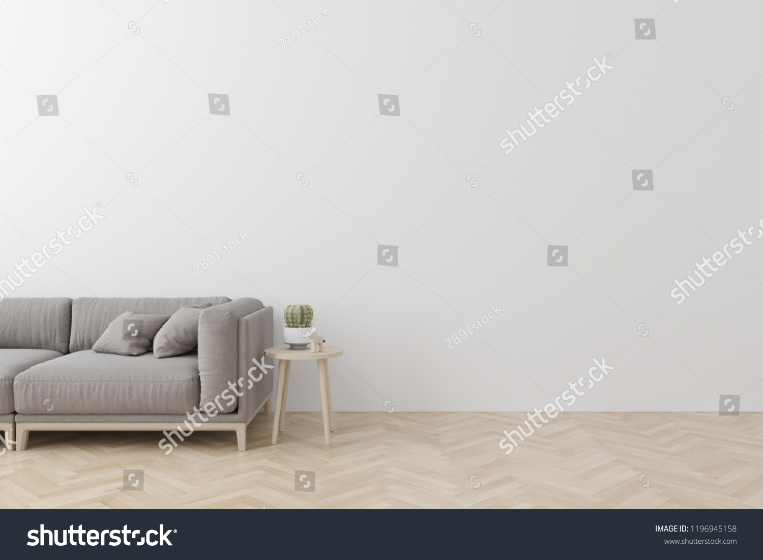 Interior of living room modern style with  fabric sofa, side table and empty white wall on wood floor #1196945158