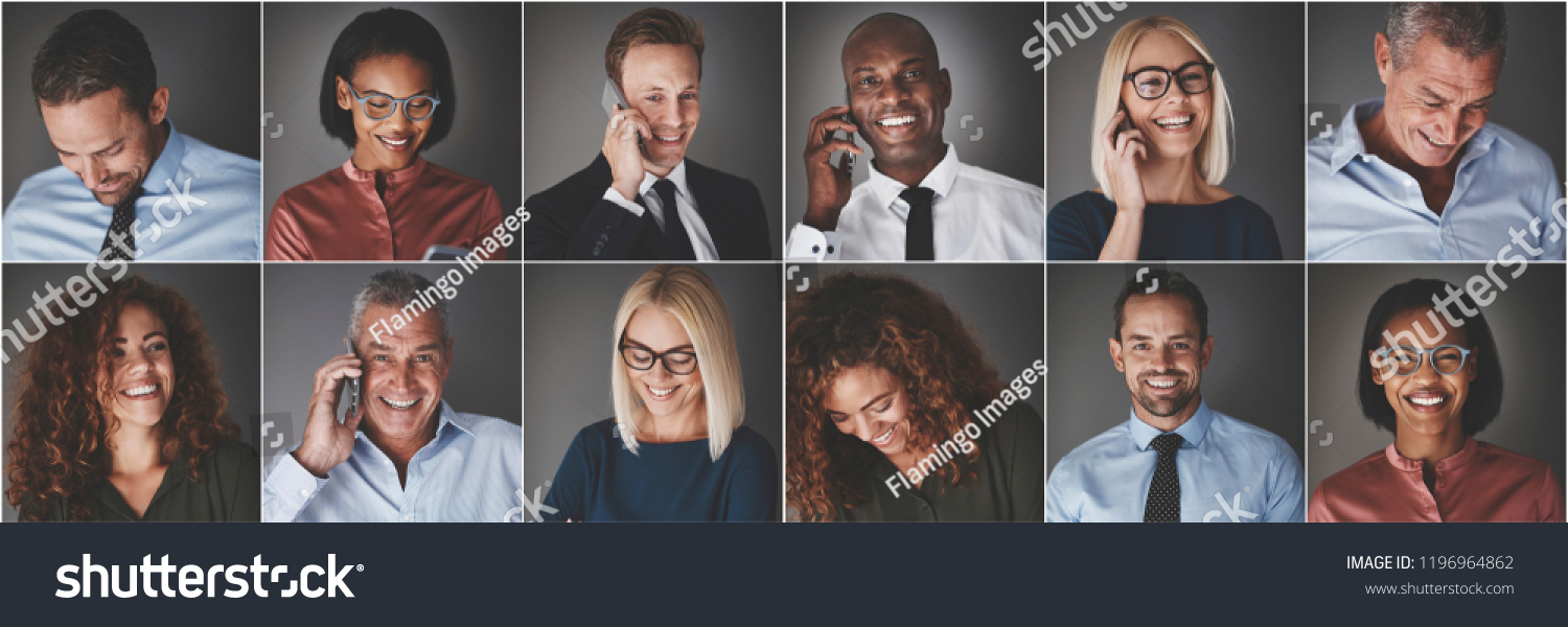 Collage of an ethnically diverse group of businessmen and businesswomen smiling confidently or using their cellphones #1196964862