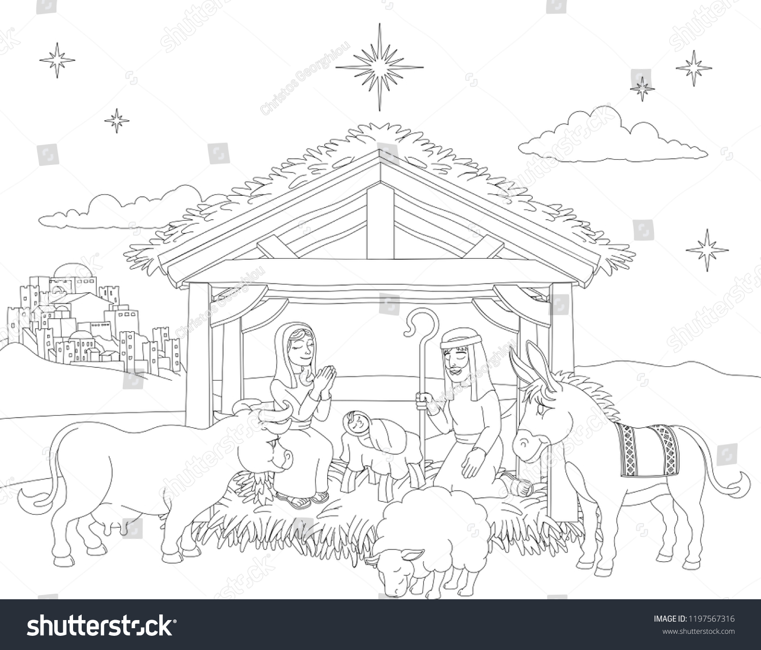 A Christmas nativity coloring scene cartoon, with baby Jesus, Mary and Joseph in the manger with donkey and other animals. The City of Bethlehem and star above. Christian religious illustration. #1197567316