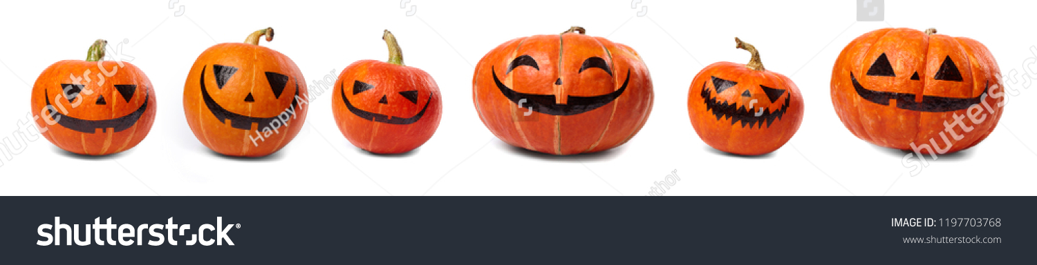Halloween pumpkins with painted faces isolated on white background. #1197703768