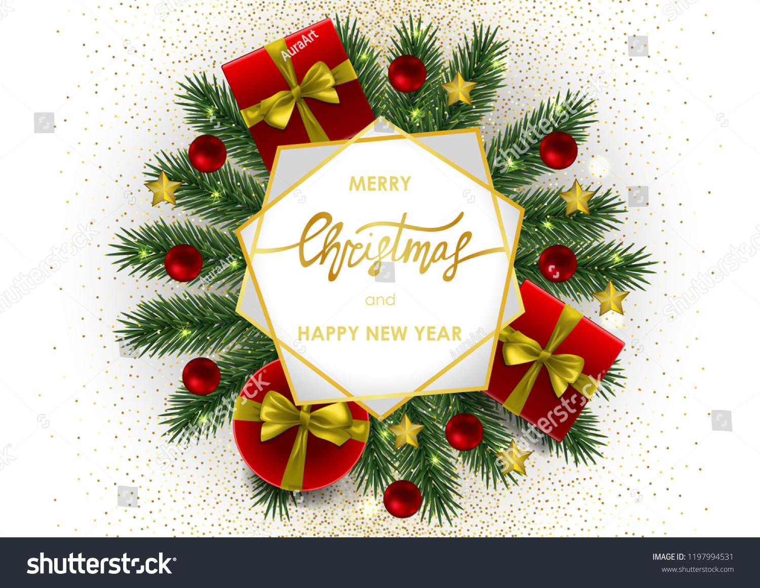 Merry Christmas and Happy New Year invitation card with gold geometric frame on white background. A4 template with fir tree template for greeting winter holiday cards, posters, covers with text place. #1197994531