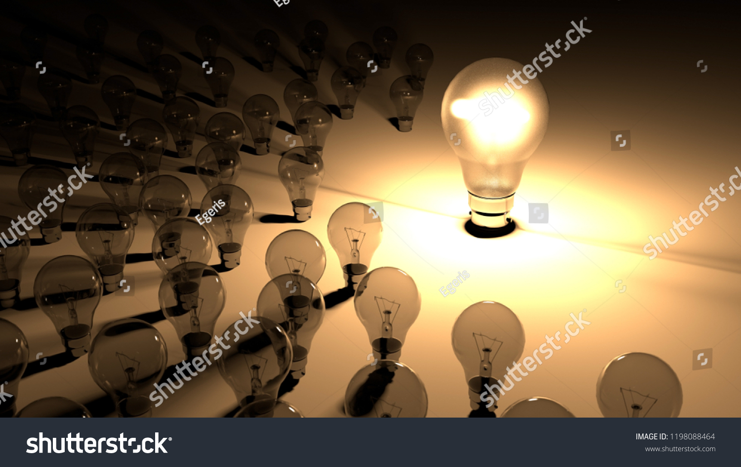 Lightbulbs placed around the glowing light bulb. The big lighbulb is glowing surounded by small lightbulbs, which are dead and shutdown. Representation of big energy consuption of bulbs. #1198088464