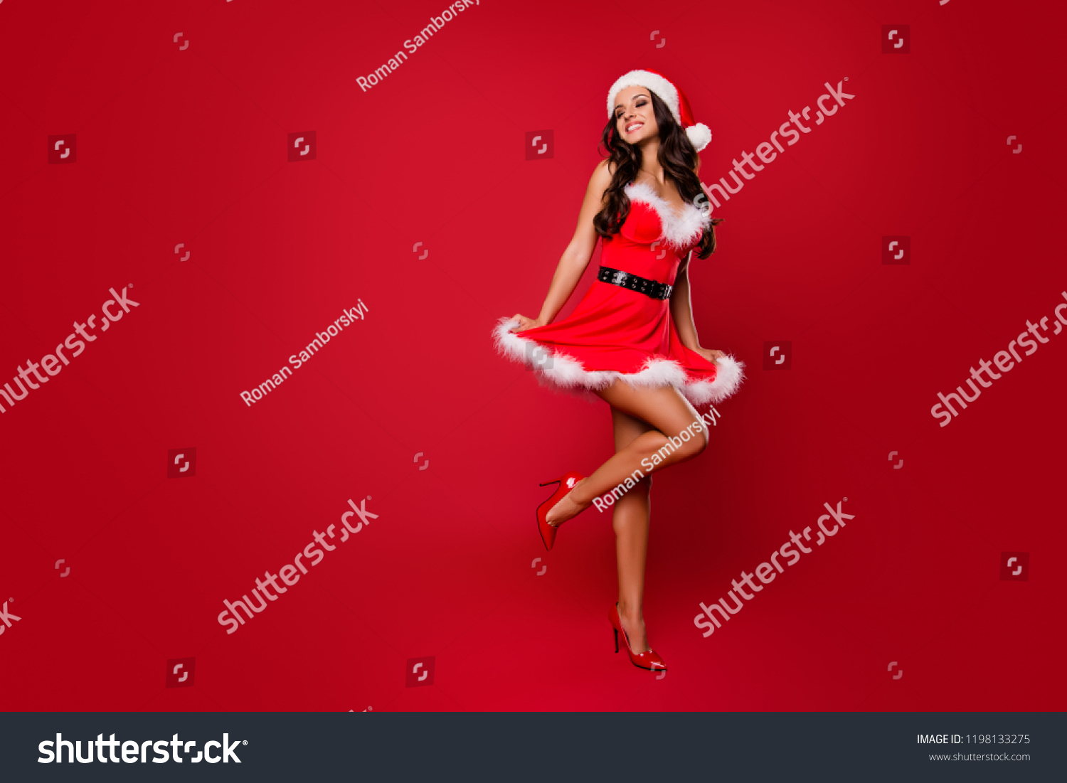 Costume party concept. Full legs body size glad attractive good-looking brunette lady sharp, pumps, stilettos in headwear with curly wave modern hairdo jump or dance isolated on vivid red background #1198133275