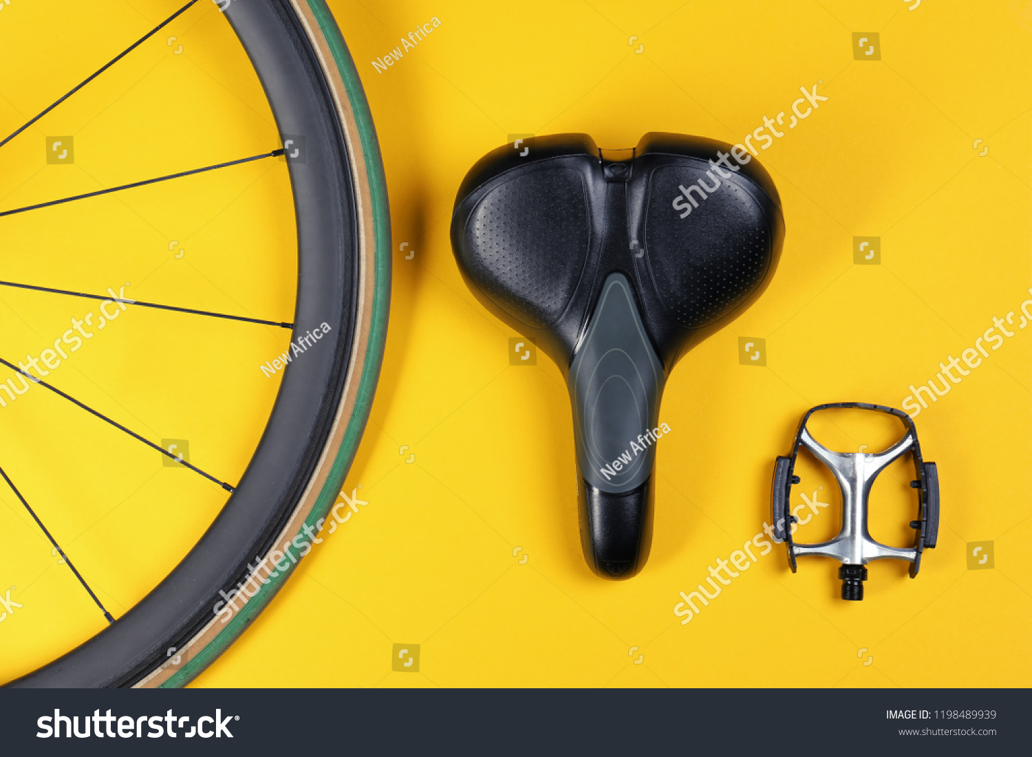 Set of different bicycle parts on color background, flat lay #1198489939
