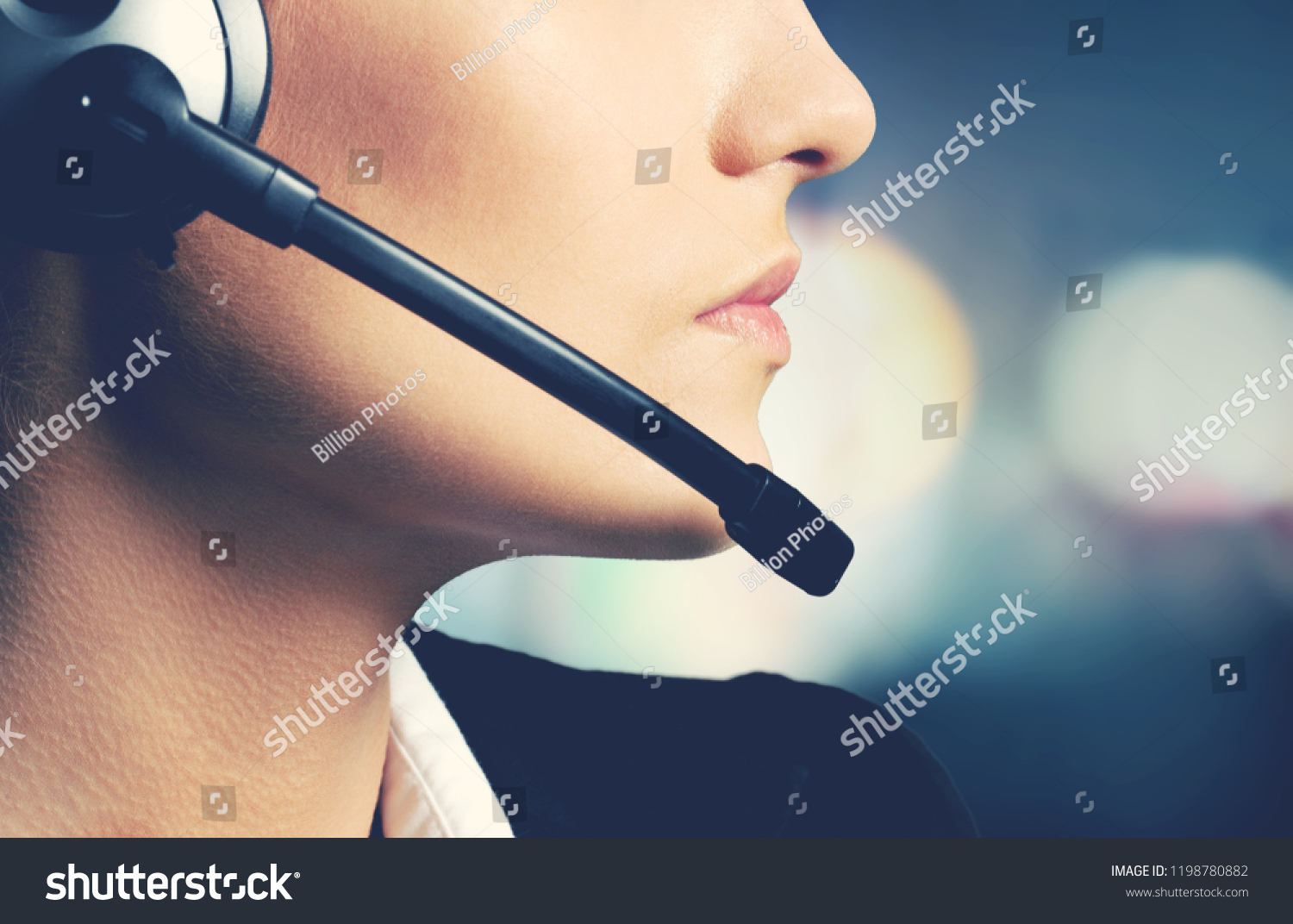 Woman Call Center operator on dark background #1198780882