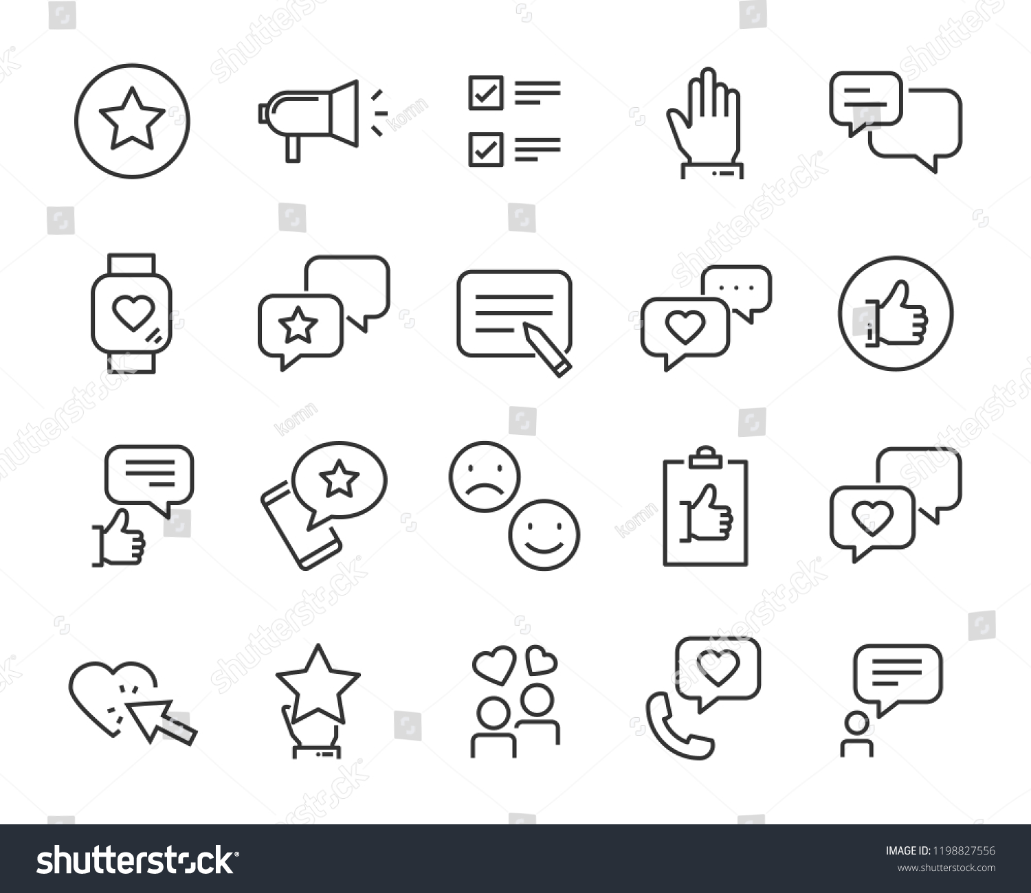 set of feedback line icons, such as, question, review, test, app #1198827556